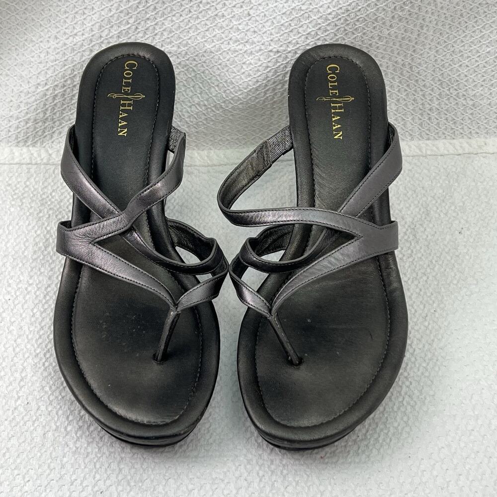 Cole Haan Women’s Black Leather Strappy Wedge Sandals Preppy Cushioned Size 10 B